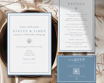 Blue and White Nautical Wedding Invitation Template Bundle • Coastal Design (Digital Download)