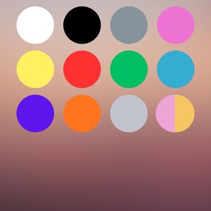May include: A color chart with the title "Colour Chart" in white text. The chart displays twelve colored circles: white, black, gray, pink, yellow, red, green, blue, purple, orange, light gray, and a split circle of pink and yellow.