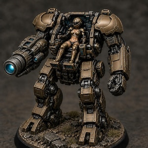 May include: A detailed miniature of a bronze-coloured mech suit with a pilot figure inside. The mech has a large cannon on one arm and is standing on a textured base. The pilot is wearing a helmet and body armour. The overall theme is science fiction.
