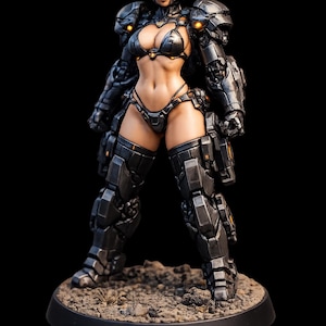 May include: A detailed figurine of a female figure in futuristic armour. The figure is predominantly dark grey with orange accents, including glowing eyes and chest lights. The armour covers the body, with a bikini-style top and bottom. The figure stands on a textured base.