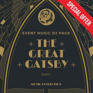 Puede incluir: Diseño gráfico en azul marino y dorado para una colección de música. El texto dice "Event Music DJ Pack + The Great Gatsby + Party Music Collection". Una pancarta roja en la esquina superior derecha dice "Special Offer".
