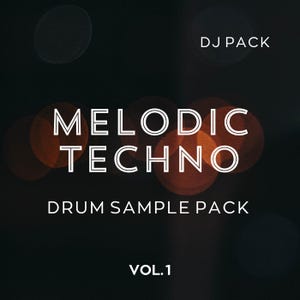May include: A dark background with the words "MELODIC TECHNO" in large white letters. Below, the text "DRUM SAMPLE PACK" is displayed. The words "DJ PACK" and "VOL. 1" are also visible in white.
