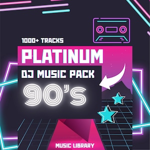Puede incluir: Anuncio de un paquete de música digital con un tema retro de los años 90. El diseño presenta formas geométricas de color rosa y azul neón, un icono de cinta de cassette y las palabras "Platinum DJ Music Pack" y "90's". El fondo es oscuro con una cuadrícula.