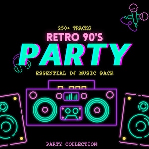 Könnte beinhalten: Schwarze Grafik mit neongrünen und lila Illustrationen von DJ-Equipment, darunter Lautsprecher, eine Boombox und ein Mikrofon. Der Text lautet "Retro 90's Party" und "Essential DJ Music Pack."