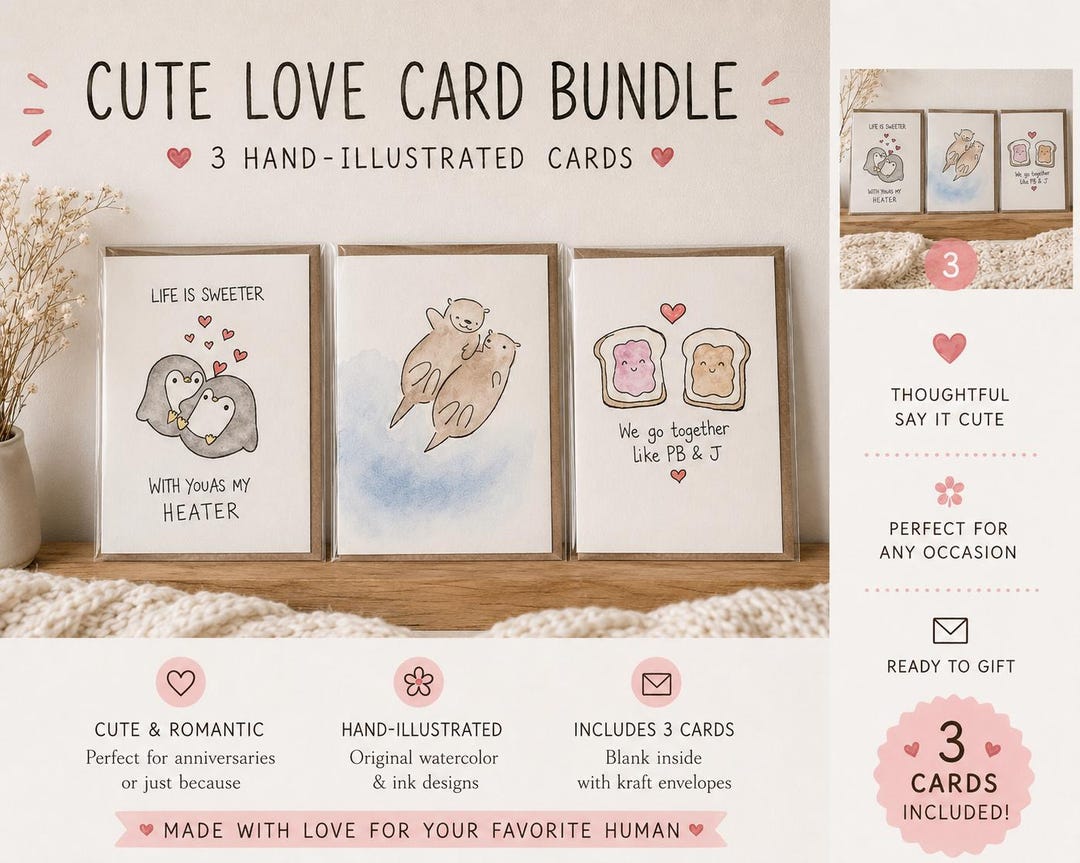 Cute Love Card Bundle | Hand Illustrated Greeting Cards | Otter Penguin ...