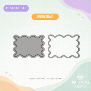 May include: Two gray, rectangular raised stamp designs with a wavy border. The text "DIGITAL STL" is in a purple rectangle, and "RAISED STAMP" is in an orange rectangle. The text "Digital download • No physical item" is at the bottom.
