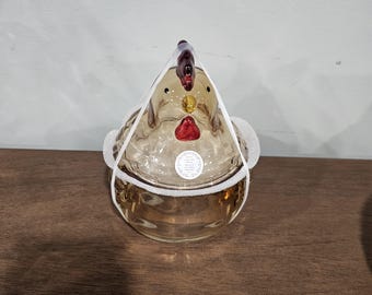 Glass Chicken Shaped Canister Jar with Lid Amber Red Yellow Clear 15.9oz/470ml