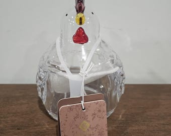 Glass Chicken Shaped Canister Jar with Lid Clear Red Yellow 15.9oz/470ml