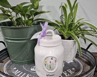 Rae Dunn Canister w/ Lid Handle Bloom Floral White