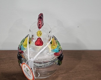 Gourmet Kitchen Clear Multicolor Glass Chicken Shaped Jar 25oz 735ml