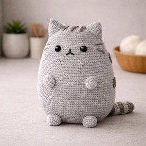 May include: A handmade, gray crochet cat plushie with black eyes and a small nose. The cat has small, rounded ears and a striped tail. The plushie is sitting upright, with small, round paws and a cute, rounded body.