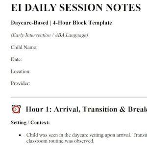Plantilla de notas de sesión de EI ABA: Bloque de 4 horas de guardería (Word y PDF editables)