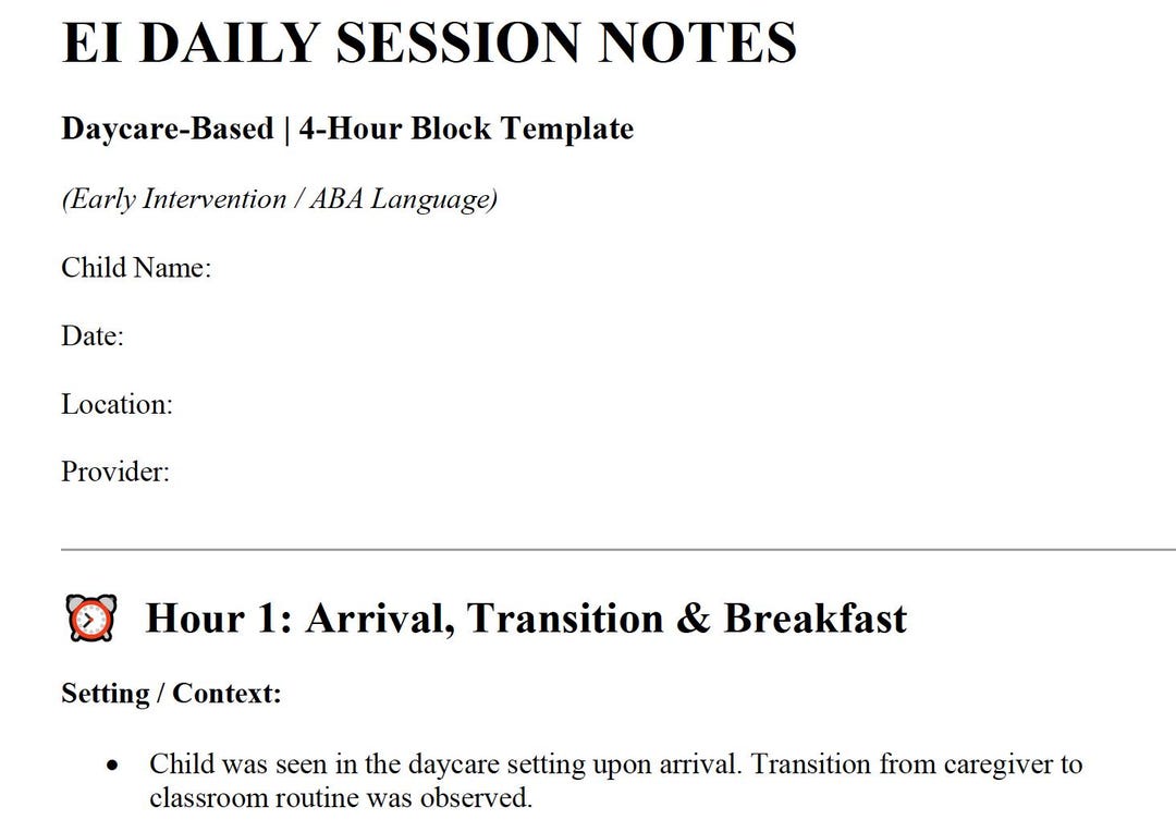 EI ABA Session Notes Template: Daycare 4-hour Block (editable Word ...