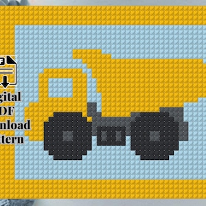 May include: A cross-stitch pattern of a yellow dump truck on a light blue background, framed in yellow. The image includes the text "Digital PDF Download Pattern" and "Digitally rendered image!"