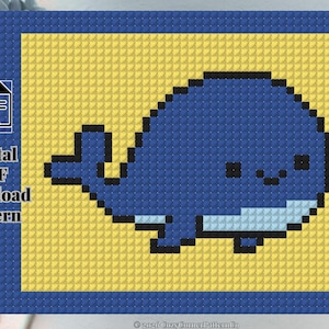 May include: Digital PDF cross-stitch pattern featuring a pixelated blue whale on a yellow background, framed in blue. The image includes the text "Digital PDF Download Pattern" and "Digitally rendered image!"