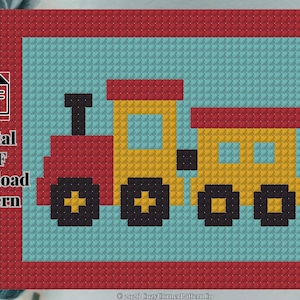 Puede incluir: Un patrón de punto de cruz de un tren en rojo, amarillo y negro sobre un fondo azul claro, enmarcado en rojo. La imagen incluye el texto "Digital PDF Download Pattern" y "Digitally rendered image!"