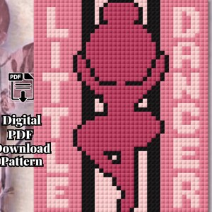 May include: A digital PDF download pattern featuring a pixel art design of a dancer in dark pink on a light pink background. The text LITTLE DANCER is vertically oriented in white block letters. A black PDF icon is visible on the left side.
