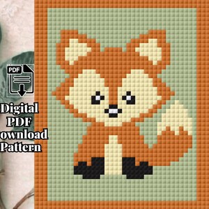 May include: A digital PDF download pattern featuring a pixelated fox design. The fox is rendered in shades of orange, cream, black, and white, set against a light green background with an orange border. The image includes the text "Digital PDF Download Pattern".