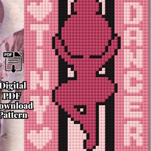 May include: A digital cross-stitch pattern PDF featuring a pixelated pink and dark pink dancer silhouette centered on a light pink background. The text TINY DANCER is vertically oriented in light pink block letters alongside heart icons.