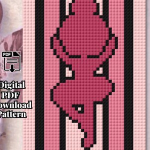 May include: A digital PDF download pattern featuring a pixelated graphic of a stylized pink figure centered between vertical black stripes on a light pink grid background. The text reads PDF Digital PDF Download Pattern.