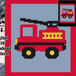 Può includere: Modello digitale PDF da scaricare con un'autopompa rossa pixelata con ruote nere e una scala gialla. Il disegno è su uno sfondo azzurro con un bordo rosso. Il testo "Digital PDF Download Pattern" è incluso.