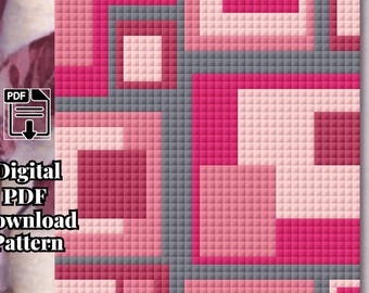Contemporary - Modern Gray Pink Geometric - C2C Crochet Blanket Pattern (Digital Download)