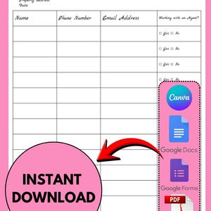 May include: A pink and white Open House sign-in sheet with fields for name, phone number, and email address. The words "Instant Download" are in a pink circle. Icons for Canva, Google Docs, Google Forms, and PDF are also shown.
