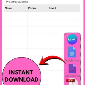 May include: A pink and white open house sign-in sheet with the words "Open House" at the top. The sheet includes fields for name, phone, and email. A pink circle with "INSTANT DOWNLOAD" is on the left, and a Canva, Google Docs, Google Forms, and PDF icon are on the right.