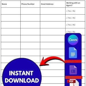 May include: A white open house sign-in sheet with the REMAX logo. The form includes fields for name, phone number, and email address. A blue circle with "INSTANT DOWNLOAD" text is on the left. Canva, Google Docs, Google Forms, and PDF icons are on the right.