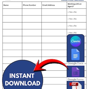 May include: A printable Open House sign-in sheet with the Coldwell Banker logo. The form includes fields for name, phone number, and email address. A blue circle with "INSTANT DOWNLOAD" text and icons for Canva, Google Docs, Google Forms, and PDF are also present.