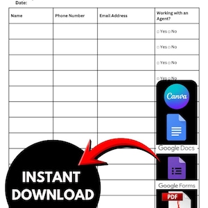 May include: A printable open house sign-in sheet with the Compass logo. The form includes fields for name, phone number, and email address. A black circle with the words "INSTANT DOWNLOAD" is in the lower left corner. Icons for Canva, Google Docs, Google Forms, and PDF are on the right.