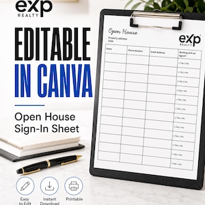 May include: A black clipboard holding an Open House sign-in sheet with the eXp Realty logo. The sheet includes columns for name, phone number, email address, and a checkbox for working with an agent. A black pen rests nearby on a white surface.