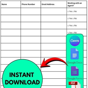 May include: A white Open House sign-in sheet with the EXP Realty logo. The sheet includes fields for name, phone number, and email. A green circle with "INSTANT DOWNLOAD" text is on the left. Icons for Canva, Google Docs, Google Forms, and PDF are on the right.