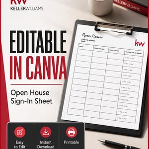May include: A black clipboard holding a white Open House sign-in sheet with columns for name, phone number, email address, and agent status. The document features the red Keller Williams logo. A black pen lies nearby on the surface.