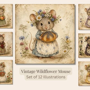 May include: A set of 12 vintage illustrations featuring mice dressed in floral crowns and aprons. Each mouse holds items such as bread, fruit, or flowers. The illustrations have a charming, old-fashioned wildflower theme.