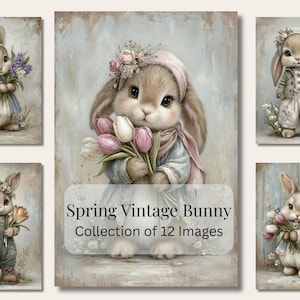 May include: A collection of 12 vintage-style images featuring adorable bunnies. Each bunny is depicted in a charming, pastel-colored outfit, holding flowers. The central image showcases a bunny with a bouquet of tulips, wearing a bonnet and scarf. The text reads "Spring Vintage Bunny Collection of 12 Images."