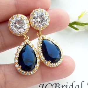 Bridal Earrings Halo dark Sapphire Blue Pear Shaped Cubic Zirconia Round Yellow Gold Plated Post Earrings