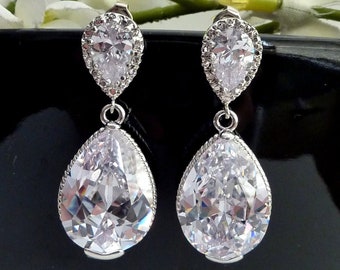 Final Sales - Wedding Bridal Earrings - Clear White LARGE Chunky Peardrop Cubic Zirconia with White Gold Plated Pear Shape CZ Post Earring