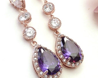 Bridal Wedding Earring Amethyst Purple Cubic Zirconia Rose Gold Finish Earrings