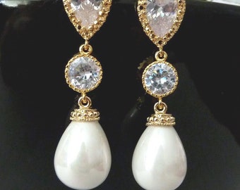 Wedding Earrings Bridal Earring White Teardrop Pearl, Round CZ Drop with Yellow Gold Plated Peardrop Cubic Zirconia Post Earring