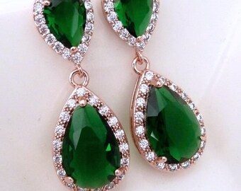 Wedding Bridal Earrings Large Rose Gold Plated Halo Emerald Green Pear Shaped Cubic Zirconia with Matching Pearshaped Post Earrings