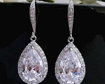 Bridal Earrings Large White Clear Pear Shaped Cubic Zirconia with White Gold Plated CZ Earrings