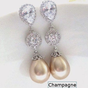 Wedding Bridal Earring Bigger Light Gold Champagne Teardrop Pearl Round CZ Drop White Gold Plated Peardrop Cubic Zirconia Post Earring image 1