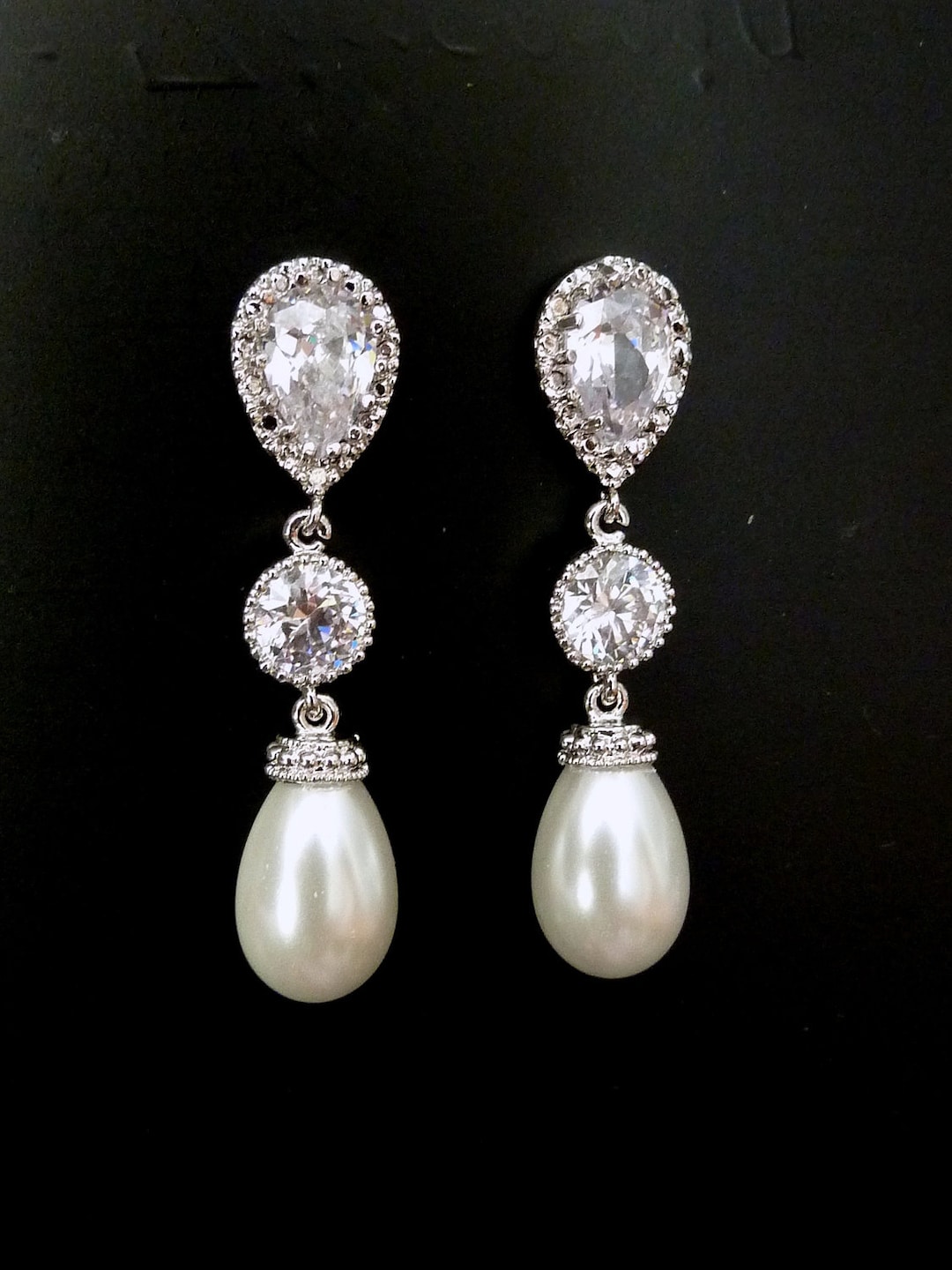 Bridal Earring White Teardrop Pearl Round CZ Drop With - Etsy