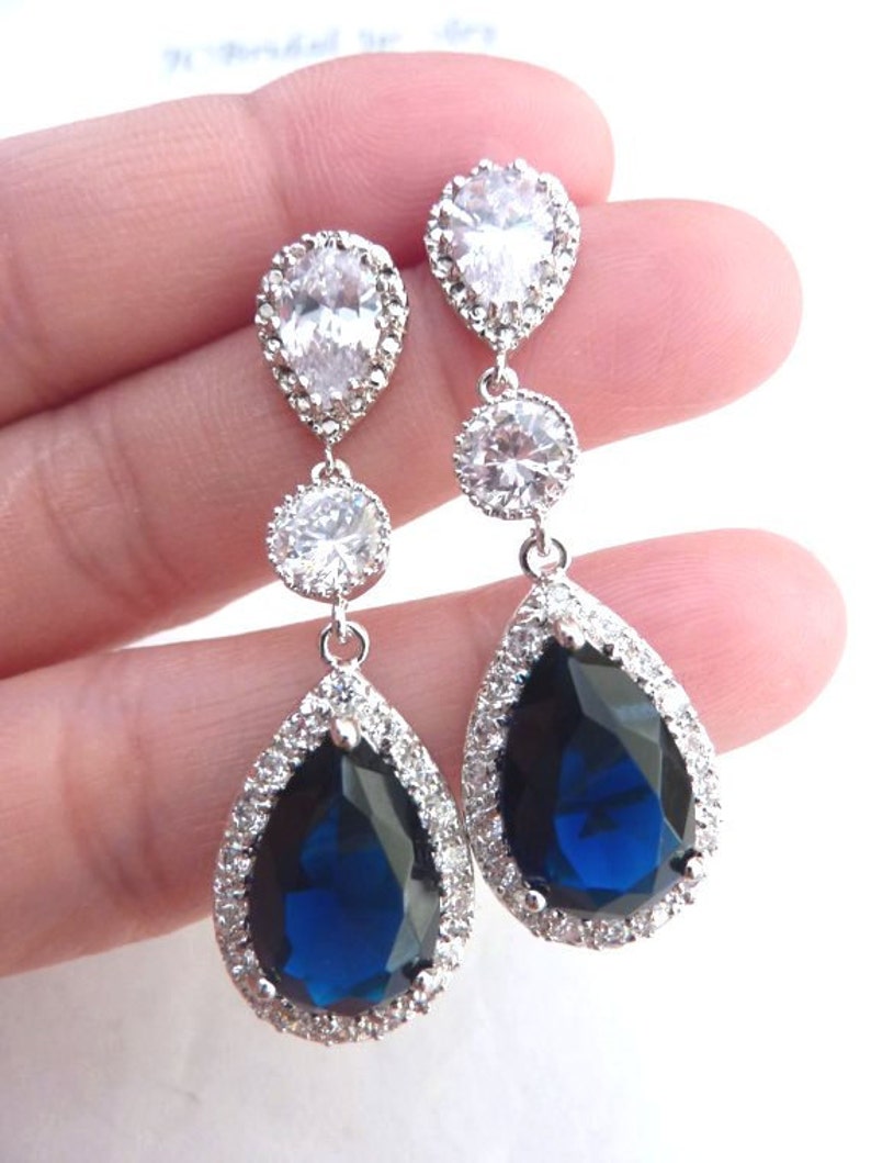 Wedding Bridal Earrings LARGE Halo Dark Sapphire Blue - Etsy
