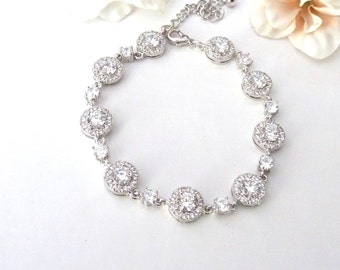 Bridal Bracelet - High Quality Clear White Halo Round Cubic Zirconias Bracelet