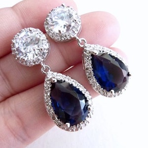 Wedding Bridal Earrings Halo Dark Sapphire Blue Pear Shaped Cubic Zirconia Clear Back Round Stud White Gold Plated Earrings image 2