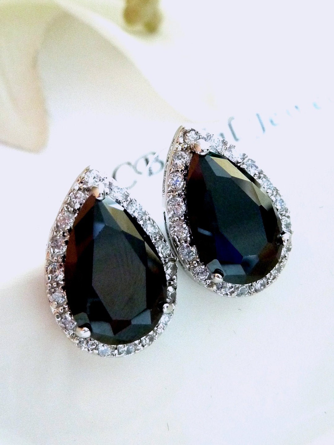 Large Halo White Gold Plated Jet Black Cubic Zirconia