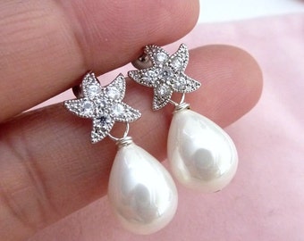 Bridal Earrings White Teardrop Shell Pearl with White Gold Plated Starfish Star Fish CZ Post Earring