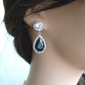 Wedding Bridal Earrings Halo Dark Sapphire Blue Pear Shaped Cubic Zirconia Clear Back Round Stud White Gold Plated Earrings image 3